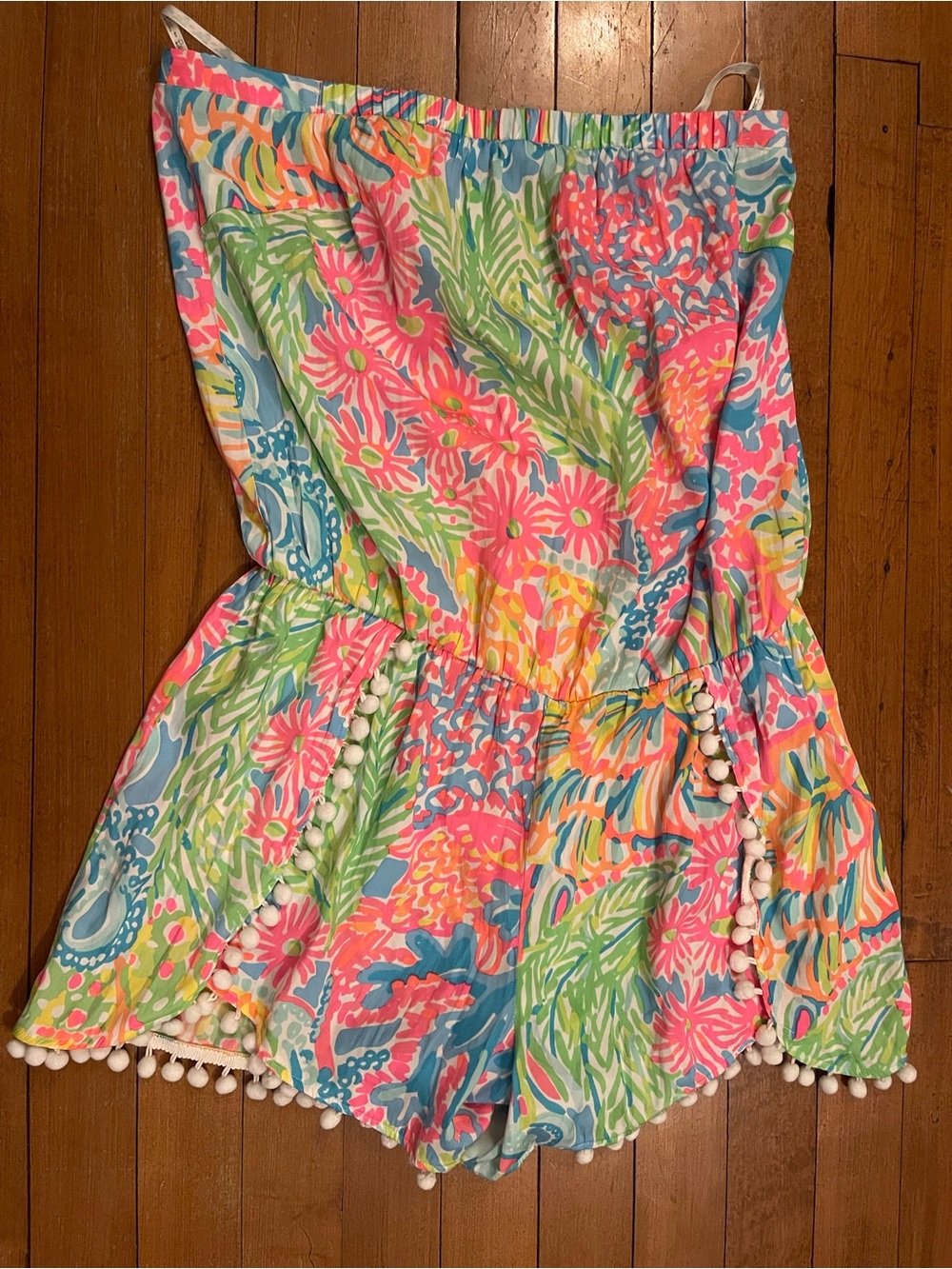 Women’s Lilly Pulitzer Multicolor Floral Pom-Pom Romper in Pink Blue Green